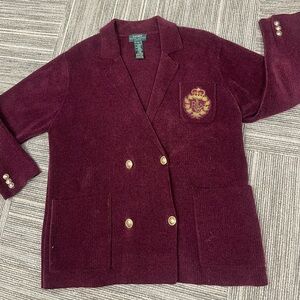LAUREN RALPH LAUREN Vtg Chunky Heavy Knit Velvet Maroon Cardigan Old Money P/S